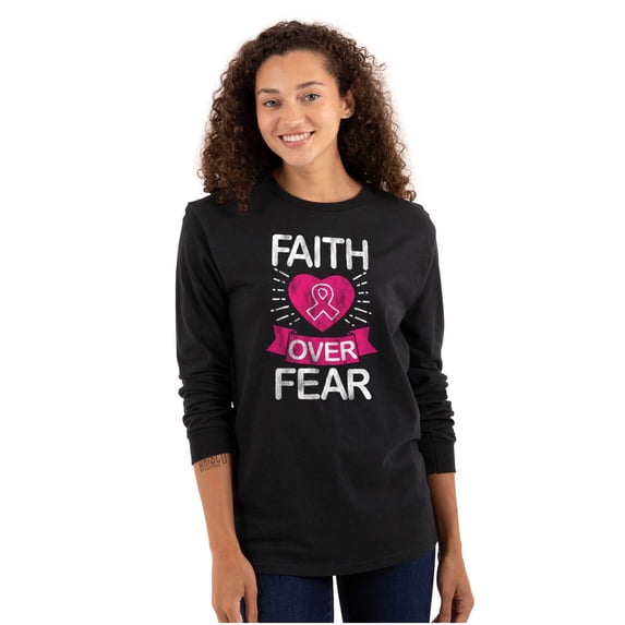 Faith Over Fear Breast Cancer Ribbon Women's Long Sleeve T Shirt Brisco Brands S