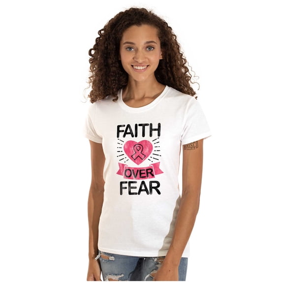 Faith Over Fear Breast Cancer Ribbon Womens Fitted Plus Size Graphic Tee Brisco Brands 3X