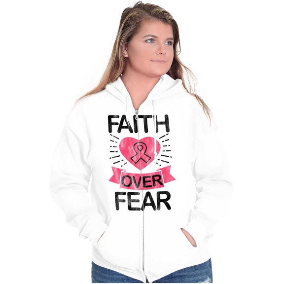 Faith Over Fear Breast Cancer Ribbon Zip Hoodie Sweatshirt Women Brisco Brands L
