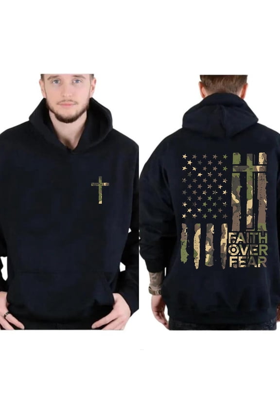 Faith Over Fear Camo Flag Double-Sided Christian Hoodie, Patriotic Faith Hoodie, USA Camo Cross, Christian Gift for Men & Women, Religious Streetwear