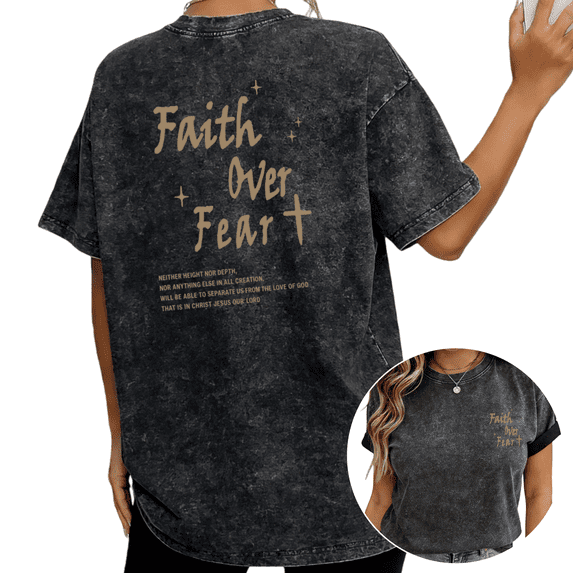 Faith Over Fear Christian Bible Verse Wash Print Tshirt S-2XL Washed Black Graphic Tees Casual Shirts for Faith Lover Tops