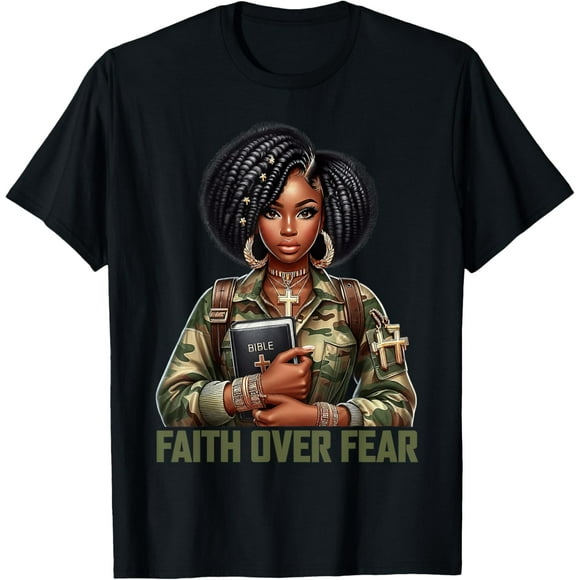 Faith Over Fear Christian Camo African American Afro Women T-Shirt Tops Tee