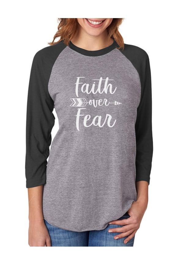 Faith Over Fear Christian Fashion Gifts 3/4 Women Sleeve Baseball Jersey Shirt Small black/gray