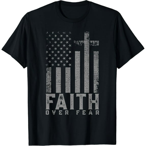 Faith Over Fear Cool Christian Cross American USA Flag T-Shirt