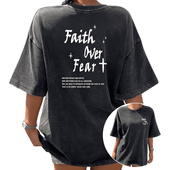 Faith Over Fear Cross Graphic Tees Washed Black S-2XL Womens Devotional Casual Tops