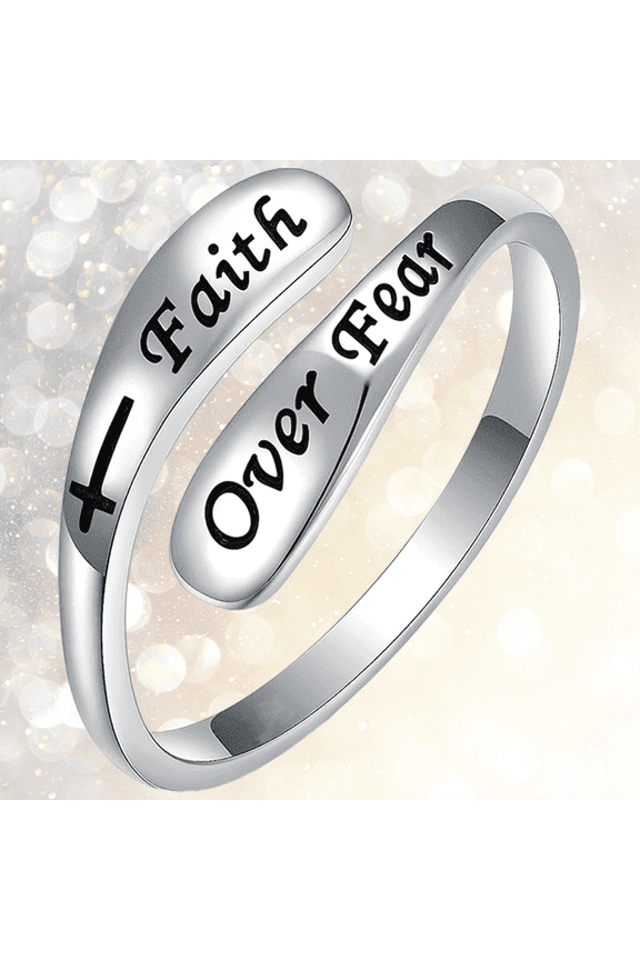 Faith Over Fear Cross Ring Adjustable Inspirational Christian Jewelry for Women & Men