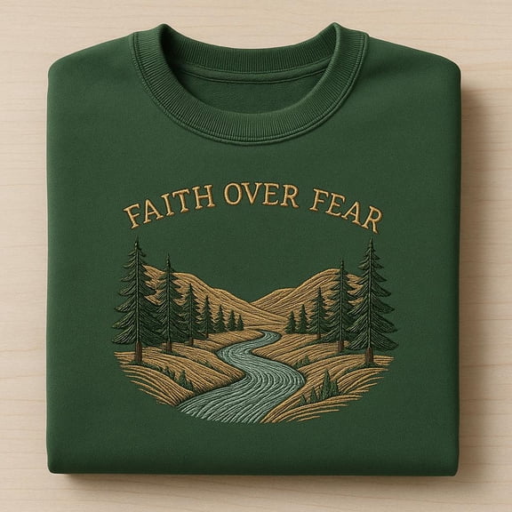 Faith Over Fear Embroidered Sweatshirt, Vintage Christian Crewneck, Mountain River Landscape, Inspirational Outdoor Sweater