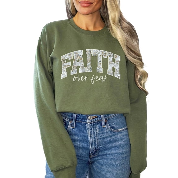 Faith Over Fear Graphic Pullover Inspirational Religious Spring Sweatshirt Army Green Sweatshirt Adult X-Large