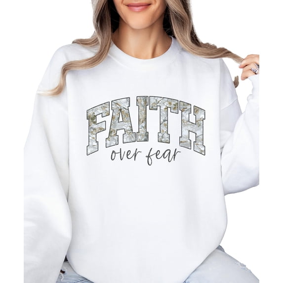 Faith Over Fear Graphic Pullover Inspirational Religious Spring Sweatshirt White Sweatshirt Adult Medium