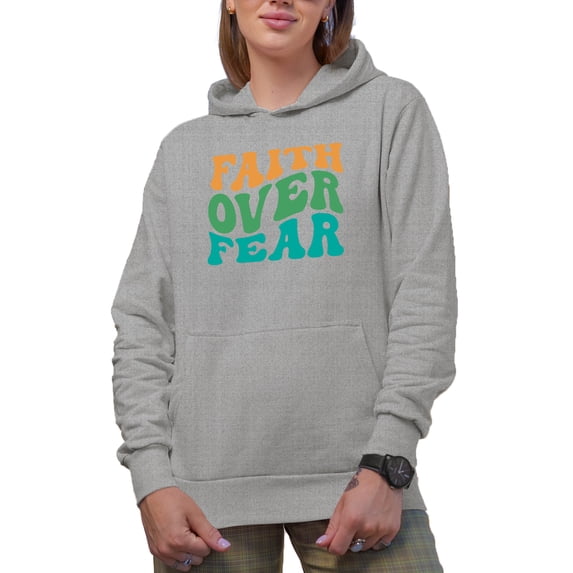Faith Over Fear, Groovy Retro Wavy Text Merch Gift, Heather Grey Hooded Sweatshirt or Hoodie, 3XL