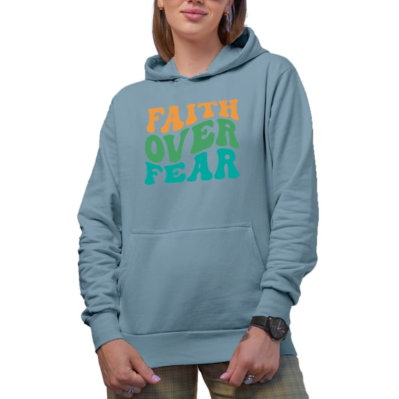 Faith Over Fear, Groovy Retro Wavy Text Merch Gift, Light Blue Hooded Sweatshirt or Hoodie, Large