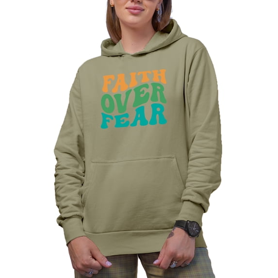 Faith Over Fear, Groovy Retro Wavy Text Merch Gift, Sand Hooded Sweatshirt or Hoodie, Medium