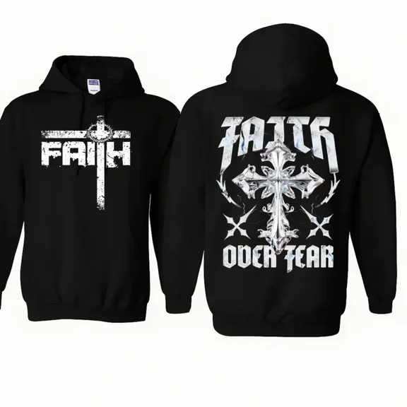 Faith Over Fear Hoodie – Christian Streetwear Hoodie with Metallic Cross Graphic, Bold Inspirational Religious Pullover for Believers