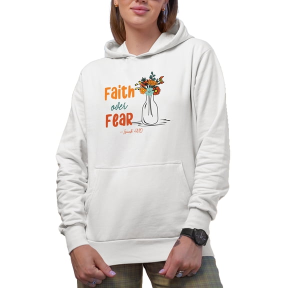Faith Over Fear Isaiah 41 10 Scripture Art Merch Gift, White Hooded Sweatshirt or Hoodie, Medium