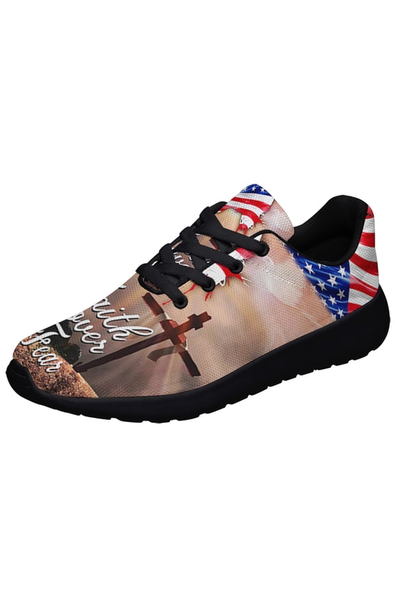 Faith Over Fear Jesus Christian Cross American flag Shoes Sneakers for Women Men Black Size 7