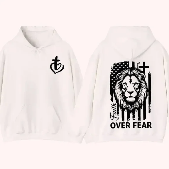 Faith Over Fear Lion Cross Hoodie – 2-Sided Christian Graphic, American Flag Design, Cozy Fleece Pullover, Unisex Faith Gift