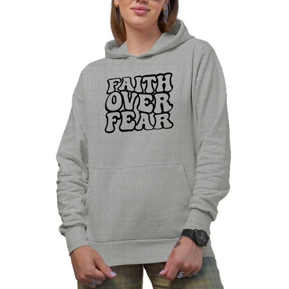 Faith Over Fear Quote, Groovy Retro Wavy Text Merch Gift, Heather Grey Hooded Sweatshirt or Hoodie, XL