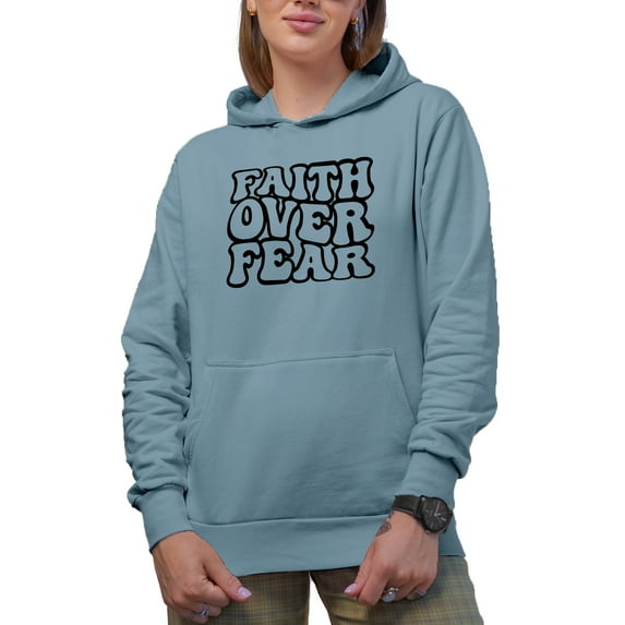 Faith Over Fear Quote, Groovy Retro Wavy Text Merch Gift, Light Blue Hooded Sweatshirt or Hoodie, Small