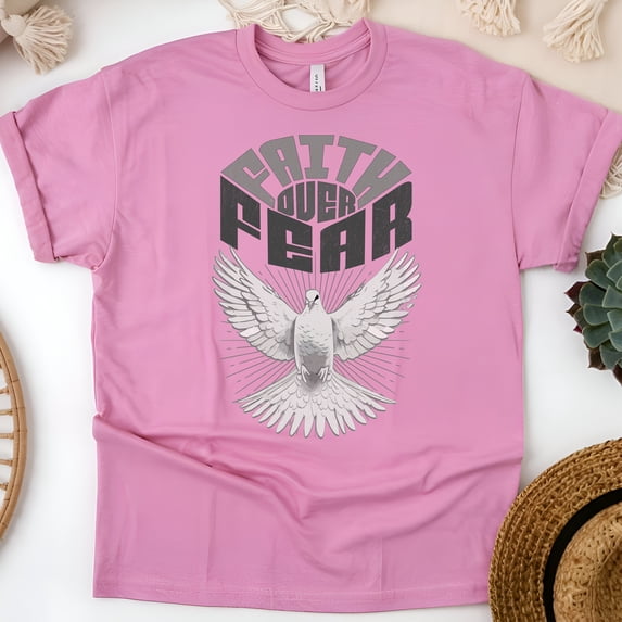 Faith Over Fear T-Shirt, Dove Christian Bold Graphic Tee, Azalea, Size L