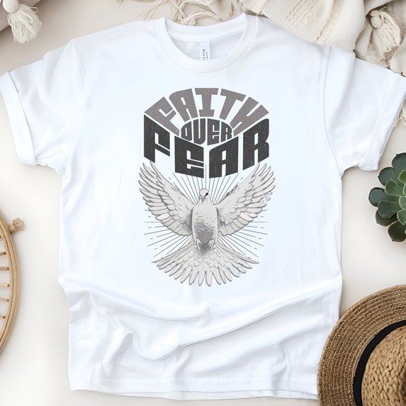 Faith Over Fear T-Shirt, Dove Christian Bold Graphic Tee, White, Size S