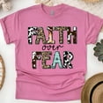 thumbnail image 1 of Faith Over Fear T-Shirt | Mixed Print Inspirational Christian Tee, Heliconia, Size L, 1 of 6