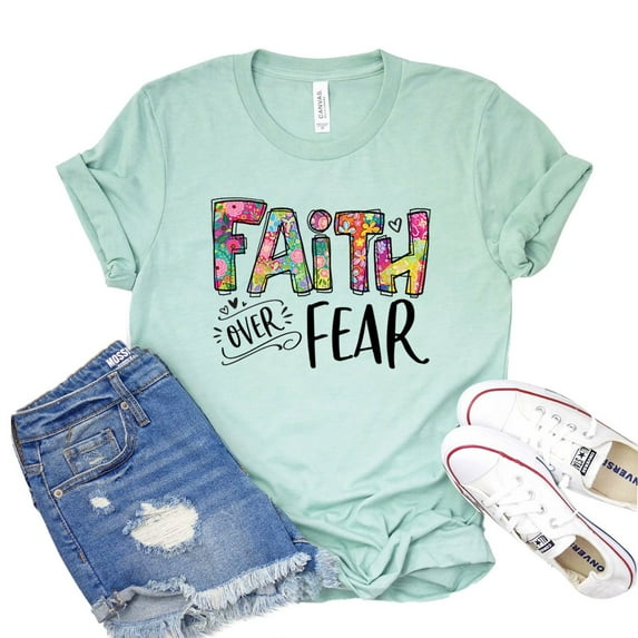 Faith Over Fear T-shirt Religious Tee Christian Shirt Women's Cross Tshirt Inspirational Shirts Motivational Gift
