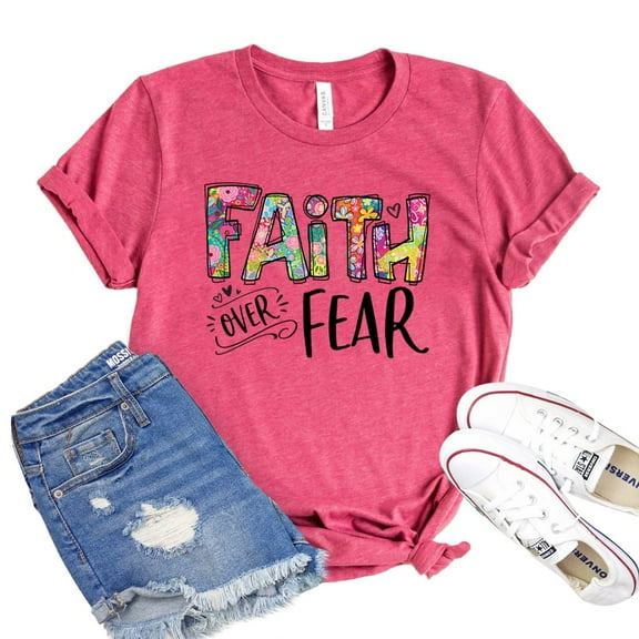 Faith Over Fear T-shirt Religious Tee Christian Shirt Women's Cross Tshirt Inspirational Shirts Motivational Gift