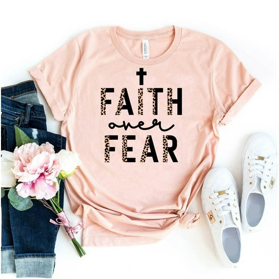 Faith Over Fear T-shirt Religious Top Women's Prayer Tshirt Christian Shirt Bible Verse Shirts Motivational Gift Vertical Cross Tee