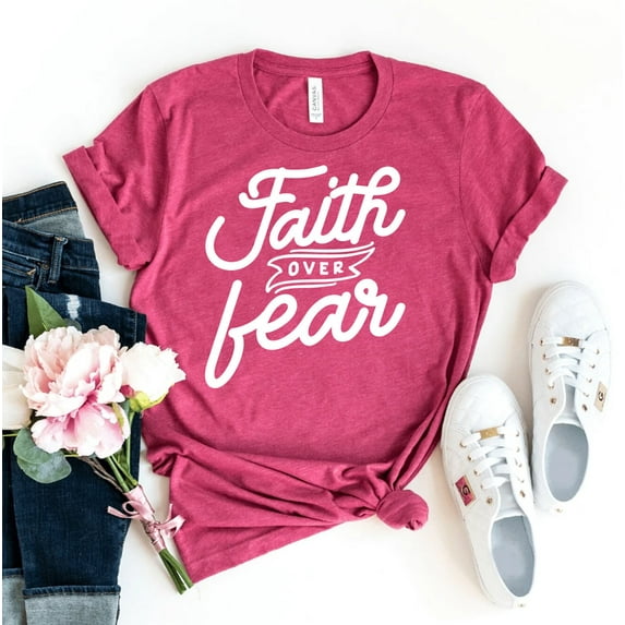Faith Over Fear T-shirt Shirt Inspirational Tee Christian Gift Religious Church Top God Bible Study Gifts Women's Verse Hope