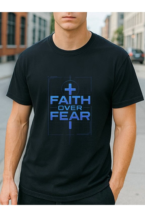 Faith Over Fear Tech Style Christian Cross Design T-Shirt