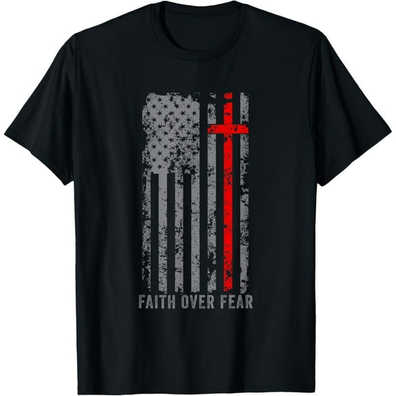 Faith Over Fears Cool Christian Cross Gym American USA Flag T-Shirt Tops Tee