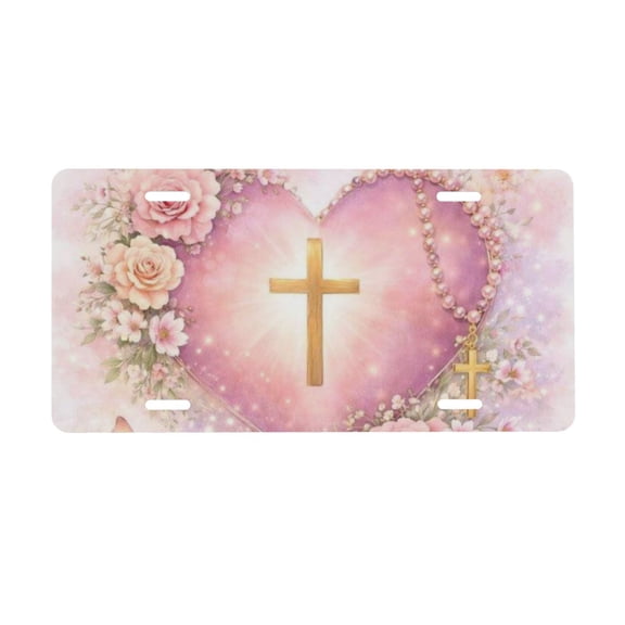 Faith Pink Floral Christian Cross License Plate, Car Front License Plates With 4 Holes 6 * 12 Inches