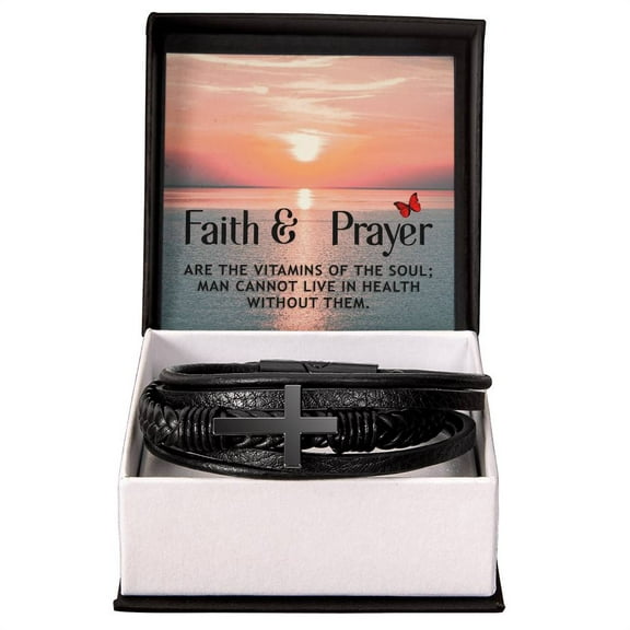 Faith & Prayer Matthew 21:22 Men's Stainless Steel & Vegan Leather Cross Bracelet - Vegan Leather with Stainless Steel