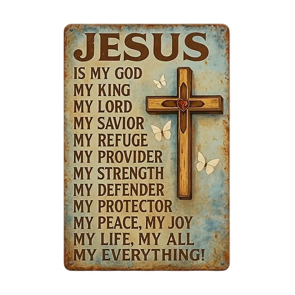 Faith Religious Distressed Tin Plaque Jesus Cross Heart Butterfly Pattern Wall Hanging Decor For Prayer Room Living Room
