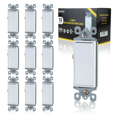 Faith SSK1B-WH, 15A White 3 Way-Rocker Light Dimmer Switch, 10 Pack