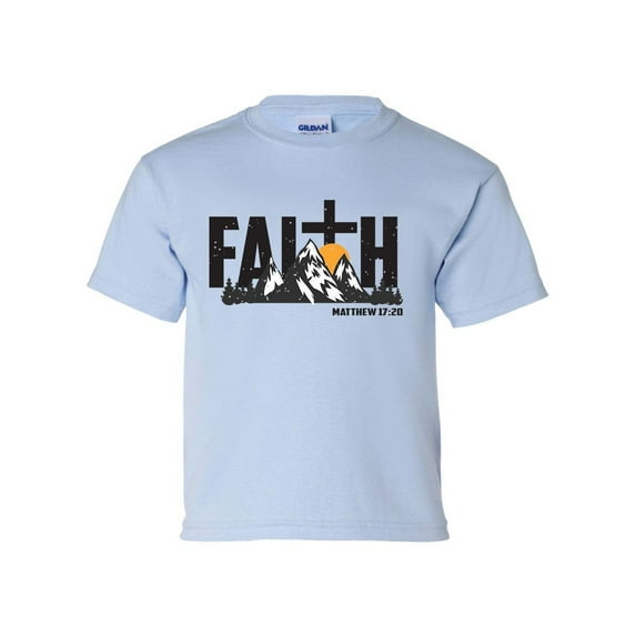Faith Scenic Mountain and Cross Youth Kids Christian T-shirt Graphic Tee Graphic Tee-Light Blue-small