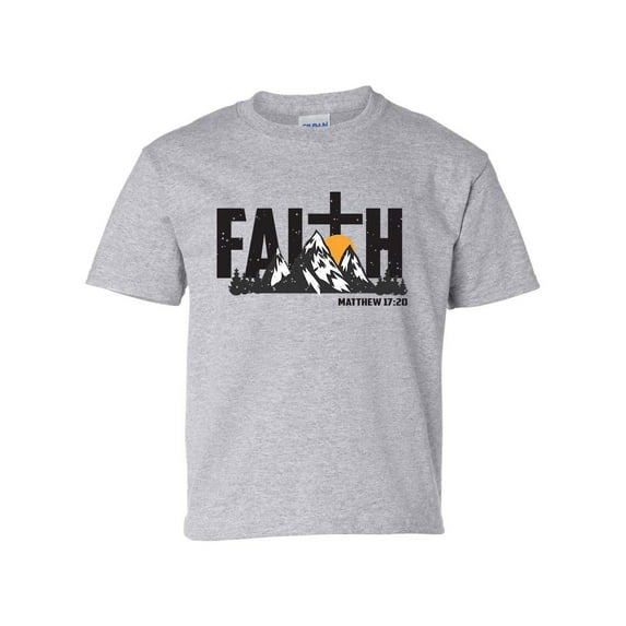 Faith Scenic Mountain and Cross Youth Kids Christian T-shirt Graphic Tee Graphic Tee-Sports Grey-small