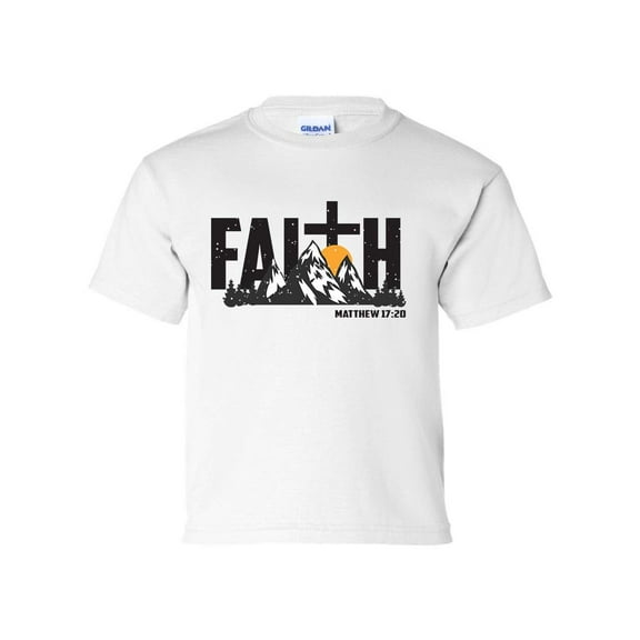 Faith Scenic Mountain and Cross Youth Kids Christian T-shirt Graphic Tee Graphic Tee-White-small