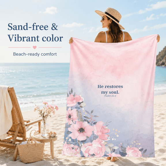 Faith Scripture Floral Pink Blue Verse Microfiber Sandless Quick Dry Absorbent Beach Towel Women Men Pool Swim Spa Gift 32x63 Inch