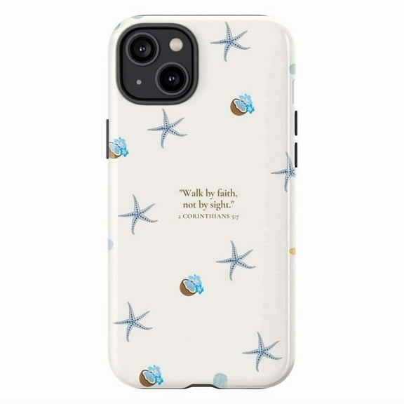 Faith & Sea iPhone Case – Bible Verse "Walk by Faith", Starfish & Coconut Floral Design, Christian Beach-Inspired Cover for iPhone 16 15 14 13 12 11 Plus Pro Max Mini