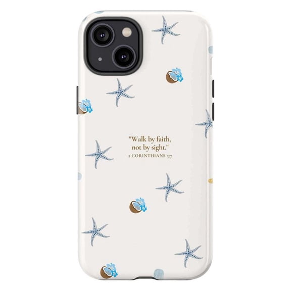 Faith & Sea iPhone Case – Bible Verse "Walk by Faith", Starfish & Coconut Floral Design, Christian Beach-Inspired Cover for iPhone 16 15 14 13 12 11 Plus Pro Max Mini