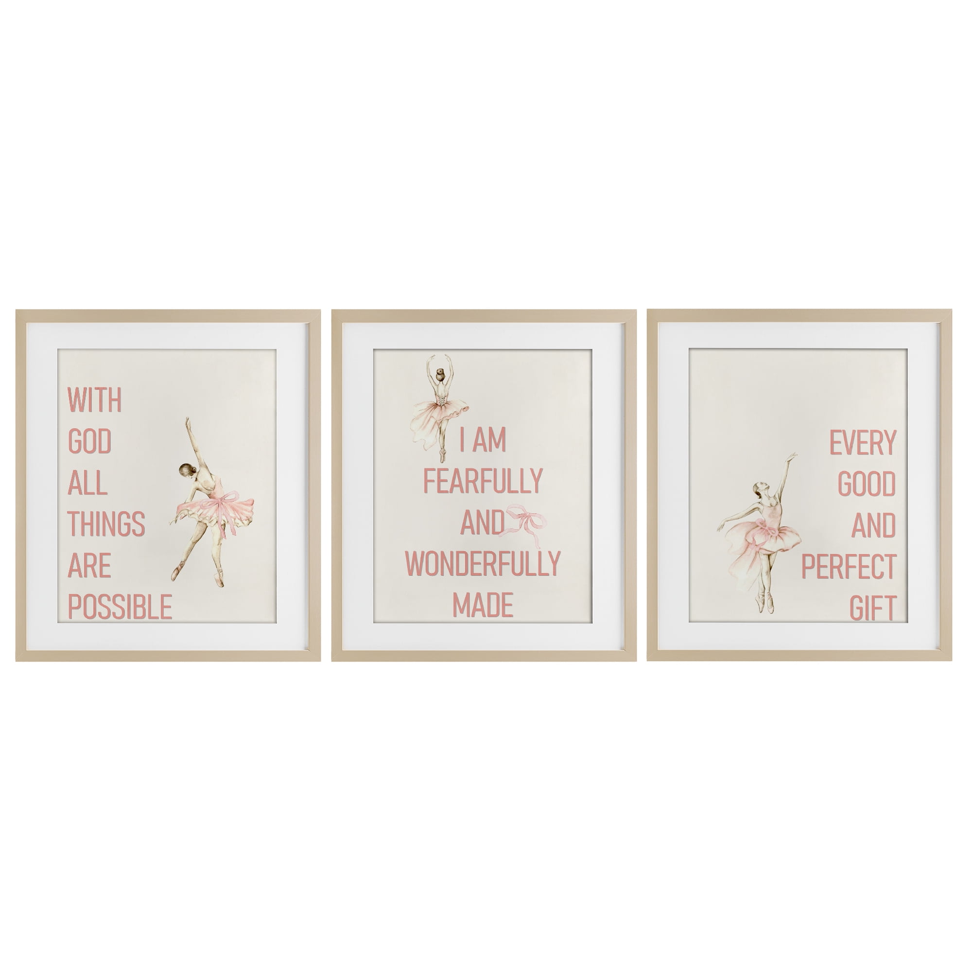 Faith Sentiments with Ballerinas 3 Piece Birch Framed Print Under Glass Set, design by Kim Allen