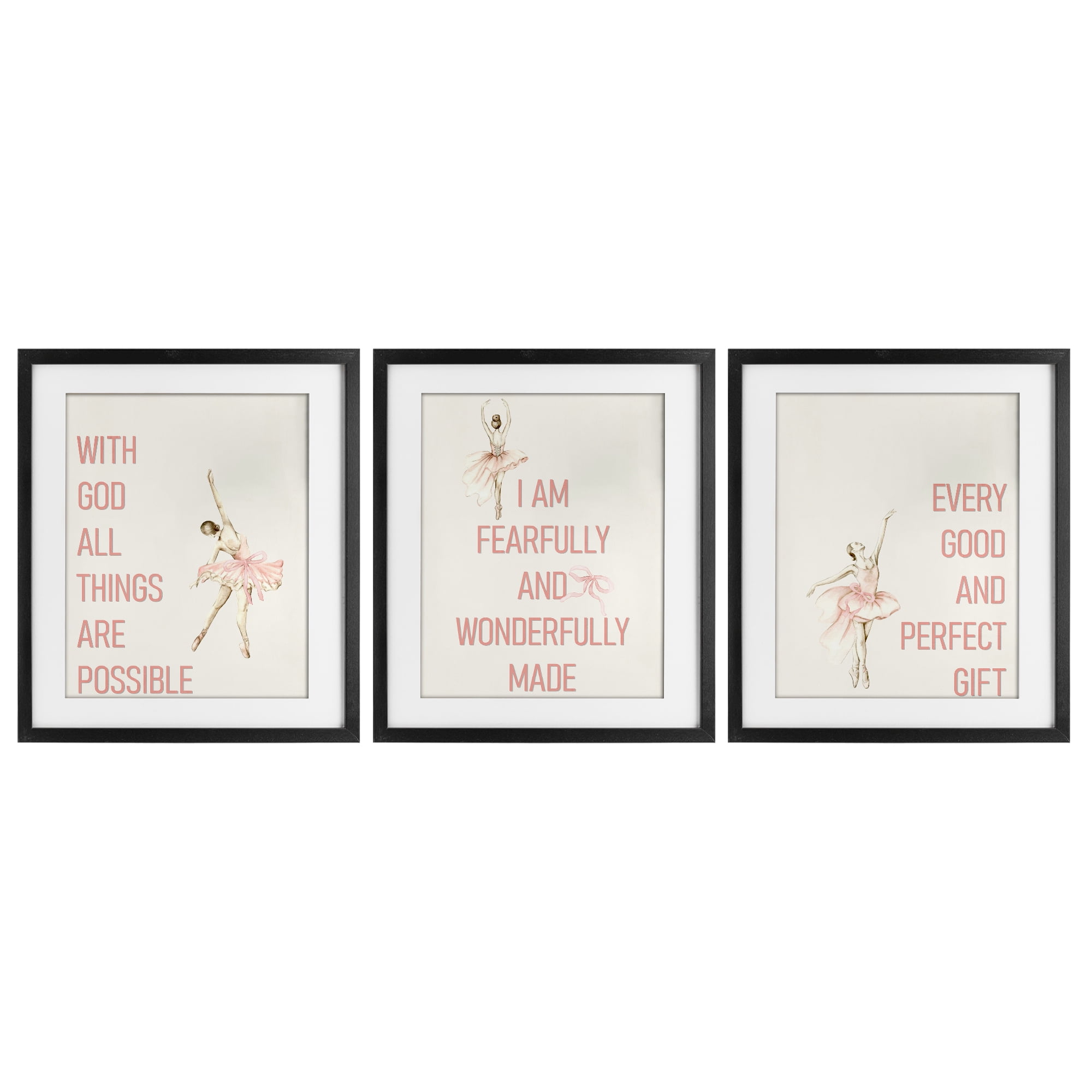 Faith Sentiments with Ballerinas 3 Piece Black Framed Print Under Glass Set, design by Kim Allen