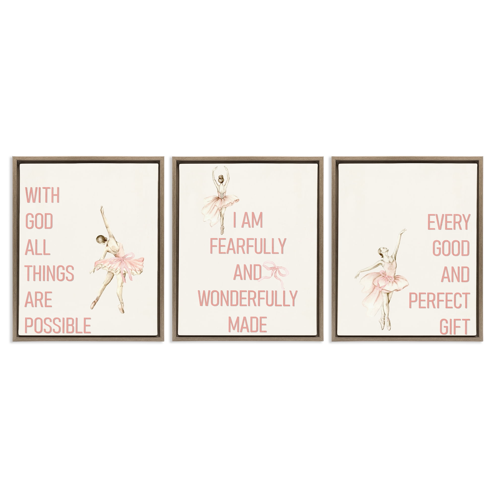 Faith Sentiments with Ballerinas 3 Piece Brown Framed Floater Canvas Set, design by Kim Allen