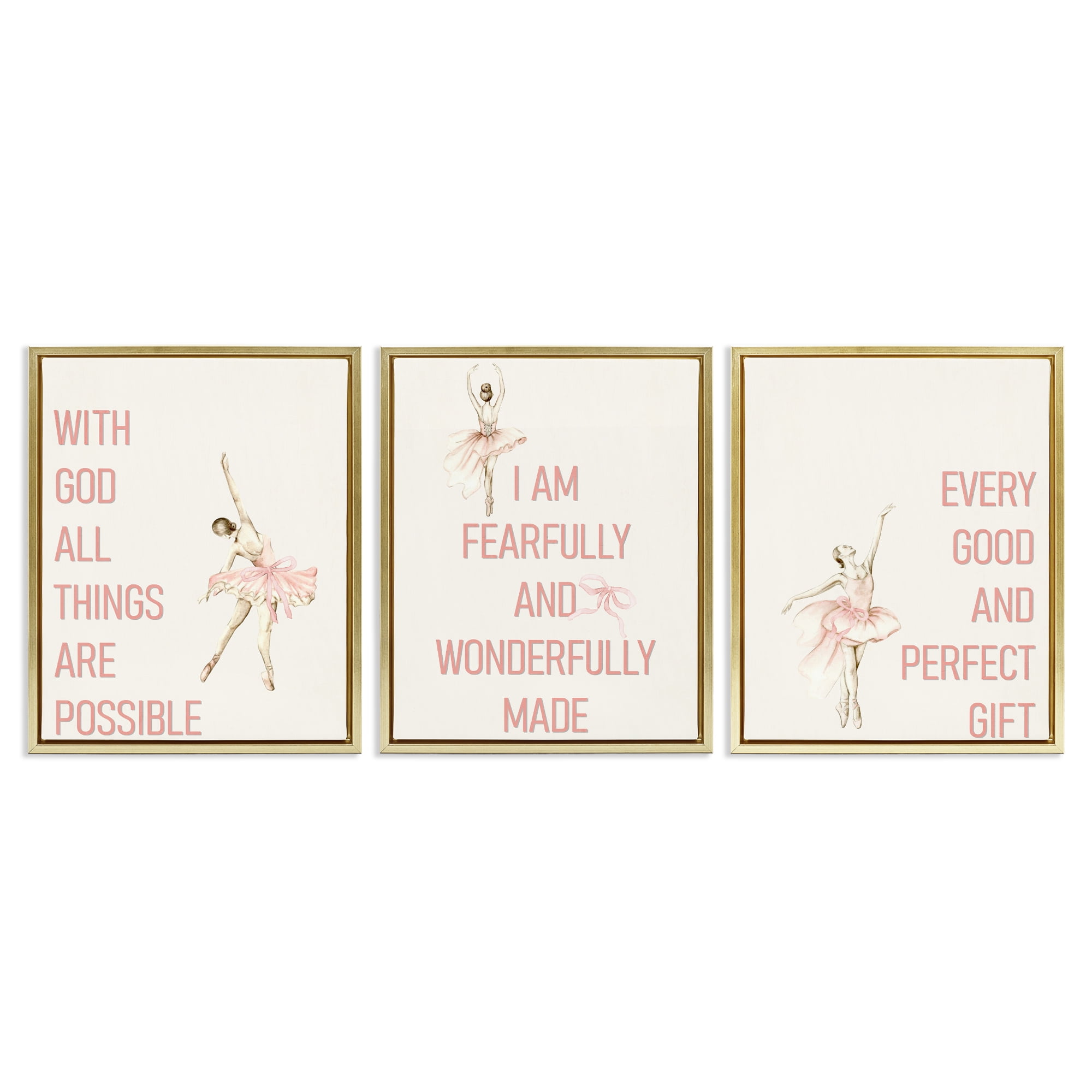 Faith Sentiments with Ballerinas 3 Piece Gold Framed Floater Canvas Set, design by Kim Allen