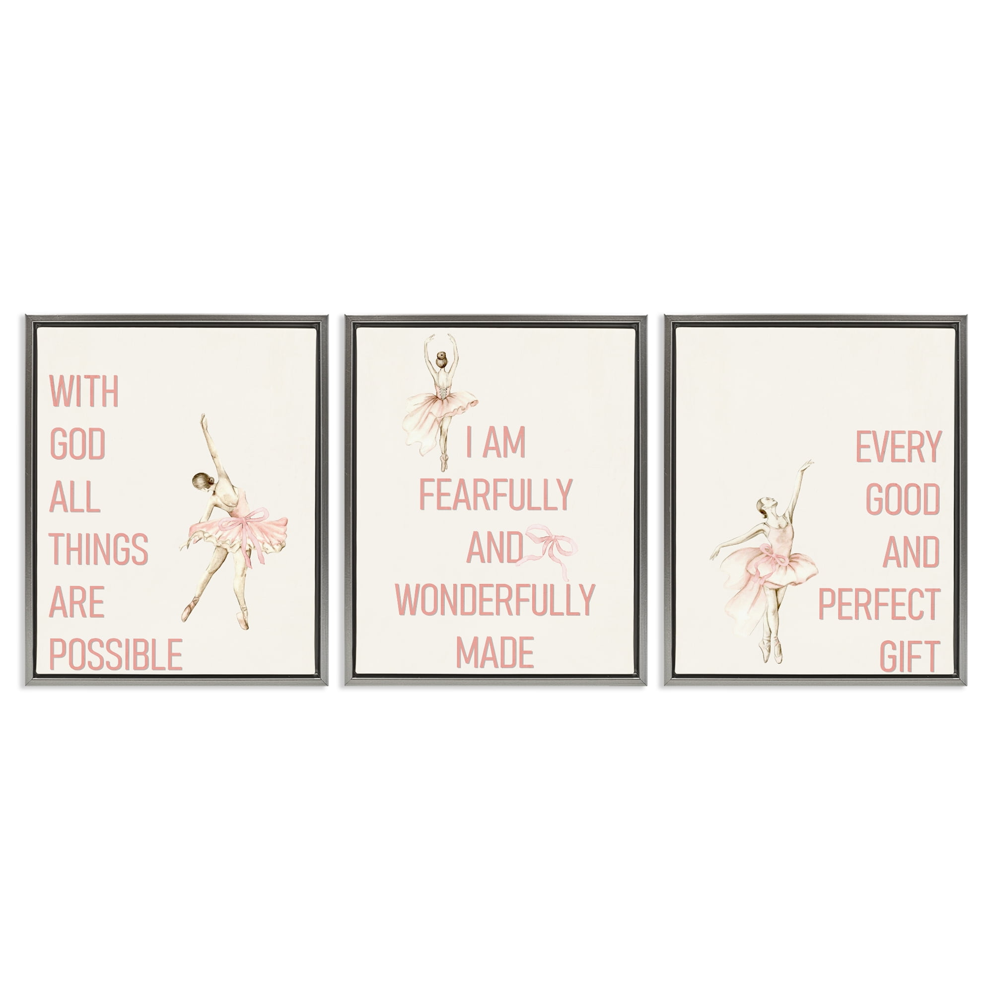 Faith Sentiments with Ballerinas 3 Piece Gray Framed Floater Canvas Set, design by Kim Allen