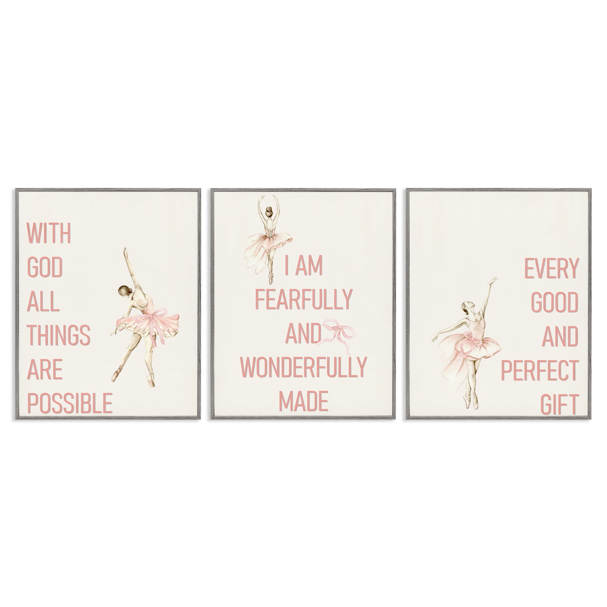Faith Sentiments with Ballerinas 3 Piece Gray Framed Giclee Art Set, design by Kim Allen