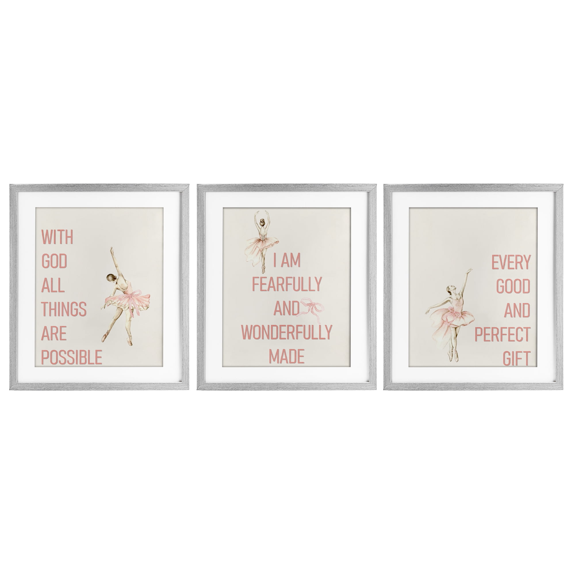 Faith Sentiments with Ballerinas 3 Piece Gray Framed Print Under Glass Set, design by Kim Allen