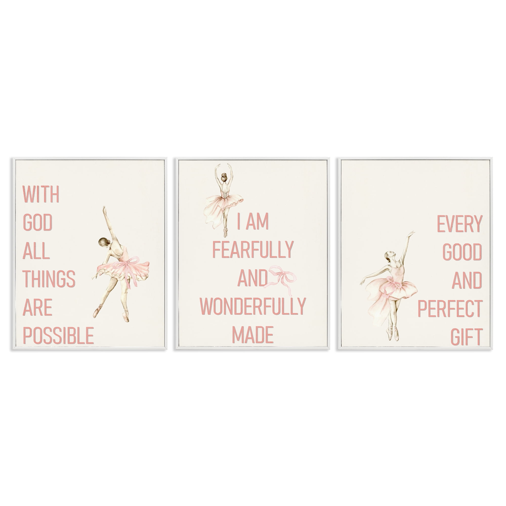 Faith Sentiments with Ballerinas 3 Piece White Framed Giclee Art Set, design by Kim Allen
