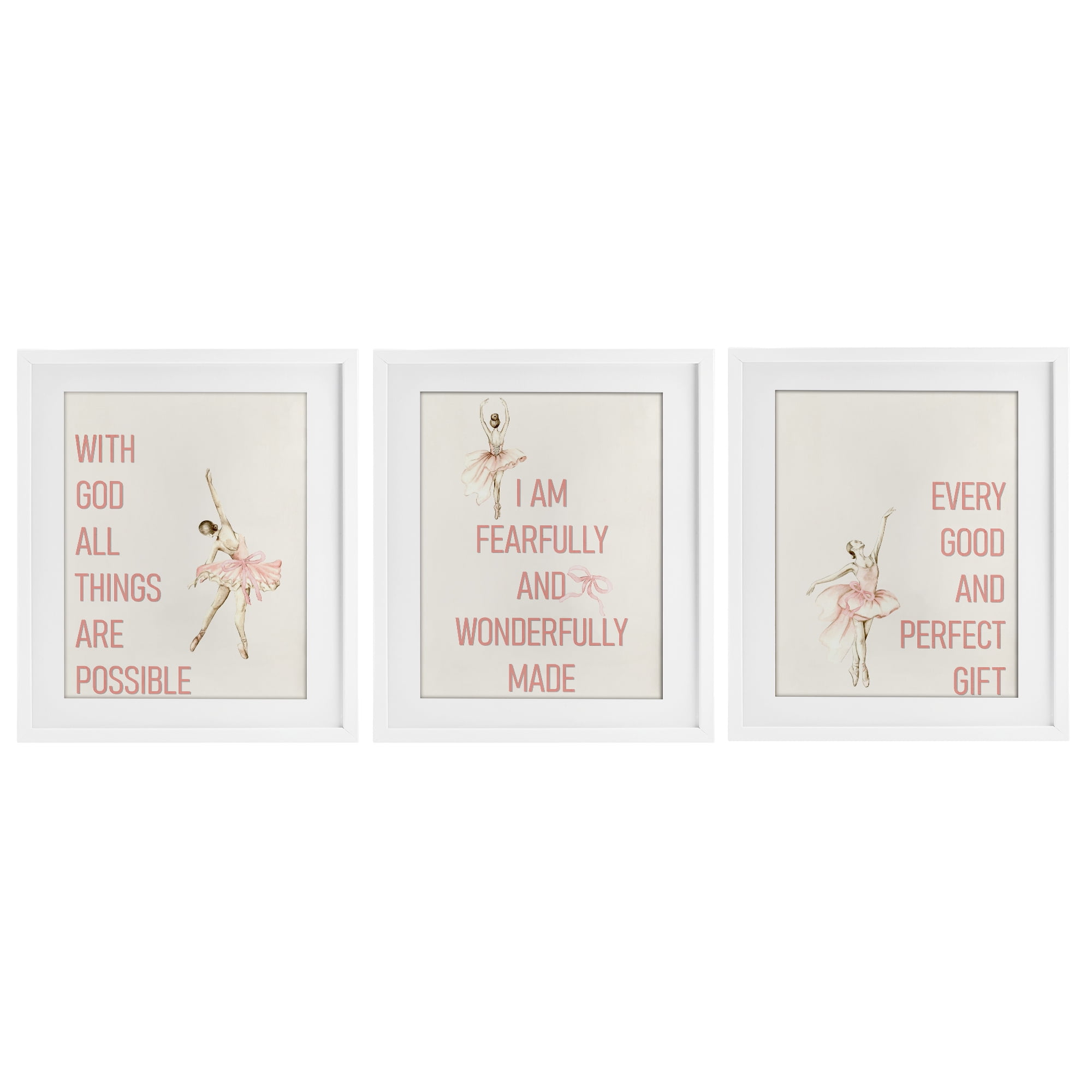 Faith Sentiments with Ballerinas 3 Piece White Framed Print Under Glass Set, design by Kim Allen